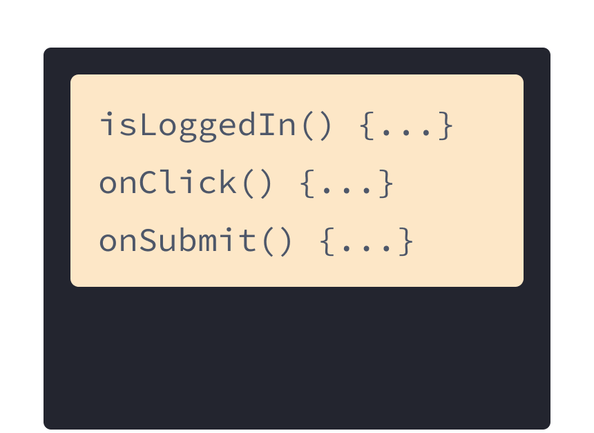 Trois gestionnaires JavaScript sur un fond sable : onSubmit, onLogin et onClick.